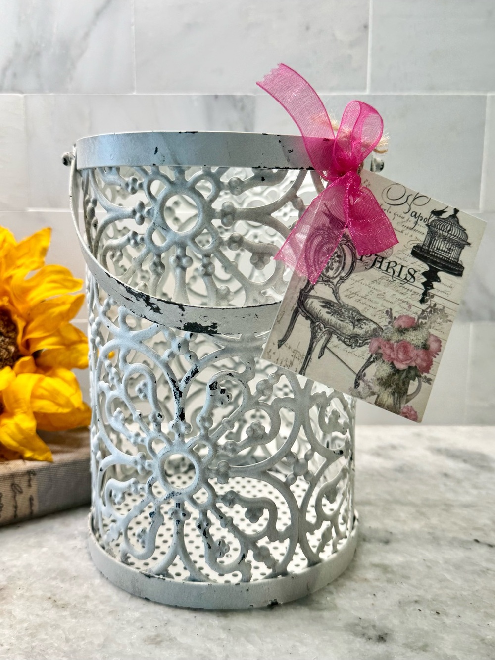 New Rustic Distressed Ornate Chippy White Metal Bucket Holder Decor - 7” x 5”